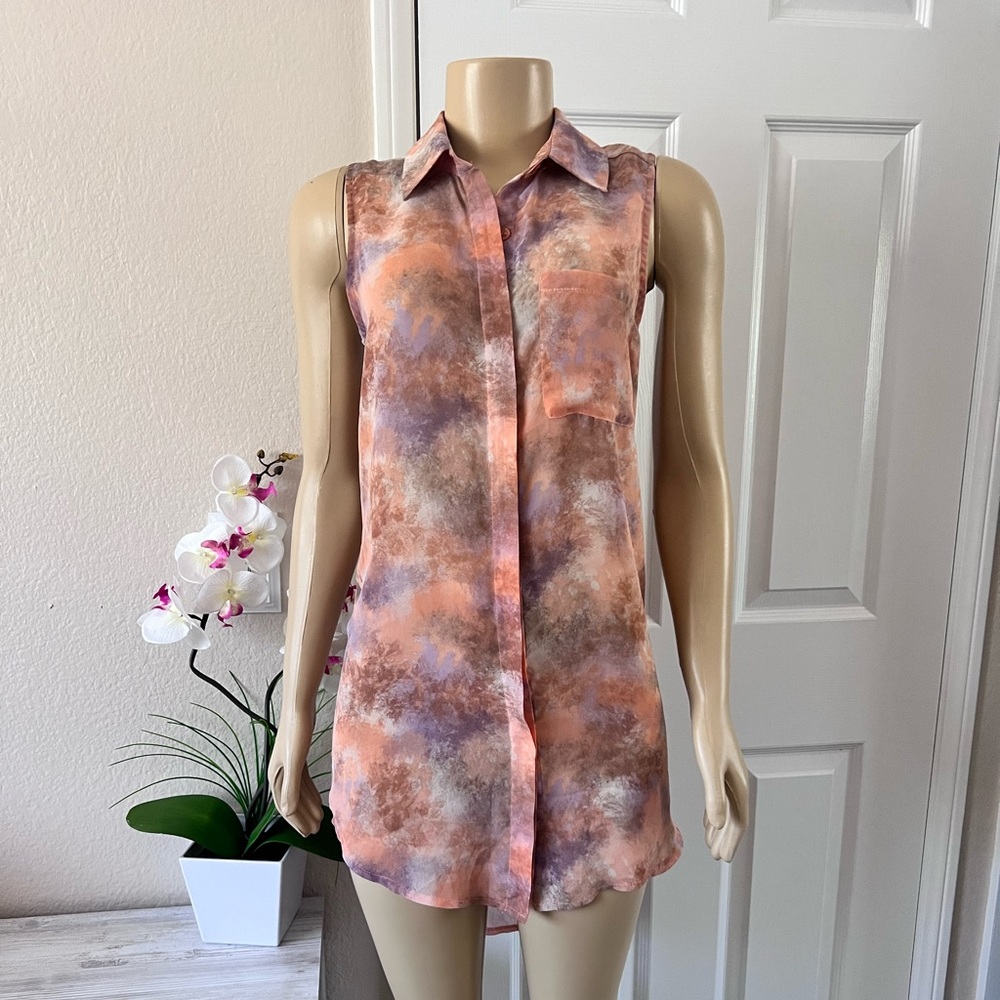 Lush Blush Watercolor Sleeveless Collar Tunic Top Size S Small High Low